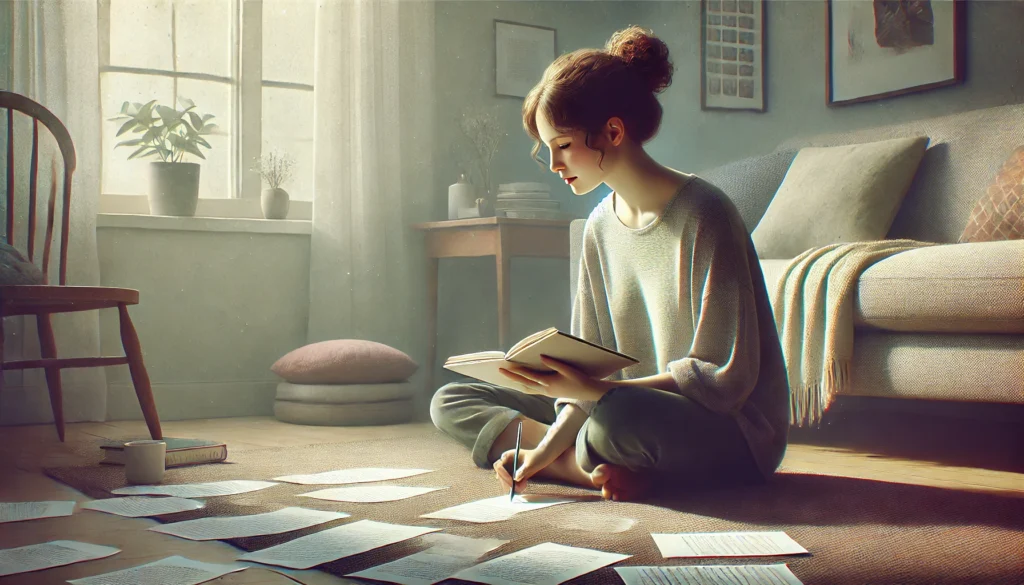 DALL·E 2024 07 15 21.59.46 A realistic image of a young woman sitting on the floor with a notebook in her hands. She is writing her thoughts in the notebook, with a focused expr DALL·E 2024 07 15 21.59.46 A realistic image of a young woman sitting on the floor with a notebook in her hands. She is writing her thoughts in the notebook, with a focused expr