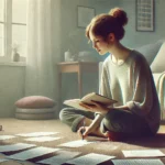 DALL·E 2024 07 15 21.59.46 A realistic image of a young woman sitting on the floor with a notebook in her hands. She is writing her thoughts in the notebook, with a focused expr