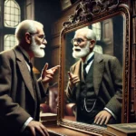 DALL·E 2024 07 18 20.14.00 A realistic photo of Sigmund Freud having a conversation with himself while looking into a mirror. Freud, an older man with a well trimmed white beard