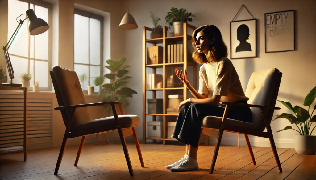 DALL·E 2024 07 20 18.15.16 A realistic photo of a young woman using the empty chair technique from Gestalt therapy. The woman, in her early 30s, with shoulder length brown hair, DALL·E 2024 07 20 18.15.16 A realistic photo of a young woman using the empty chair technique from Gestalt therapy. The woman, in her early 30s, with shoulder length brown hair,