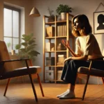 DALL·E 2024 07 20 18.15.16 A realistic photo of a young woman using the empty chair technique from Gestalt therapy. The woman, in her early 30s, with shoulder length brown hair,