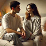 DALL·E 2024 07 24 14.12.55 A realistic photo of a young couple, a man and a woman, sitting on a bed and looking at each other. The man, in his early 20s with short dark hair, is